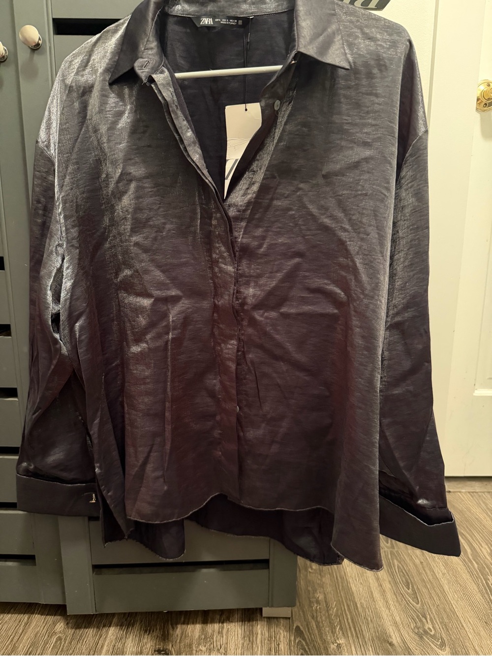 ZARA women’s  Charcoal metallic Satin-Look Button-Down Shirt